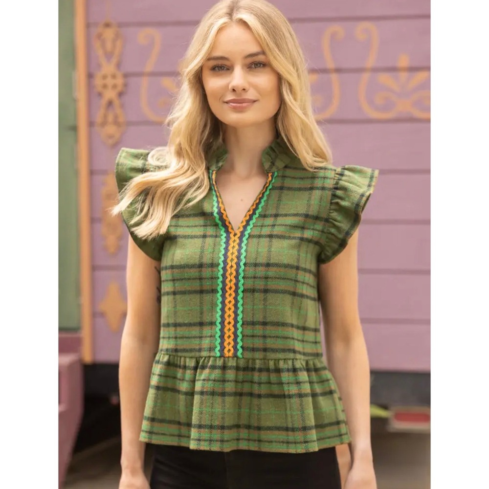 VOY Green Plaid Peplum Top Blouse Ric-Rac Trim Ruffle Cap Sleeve‎ Wool Blend S